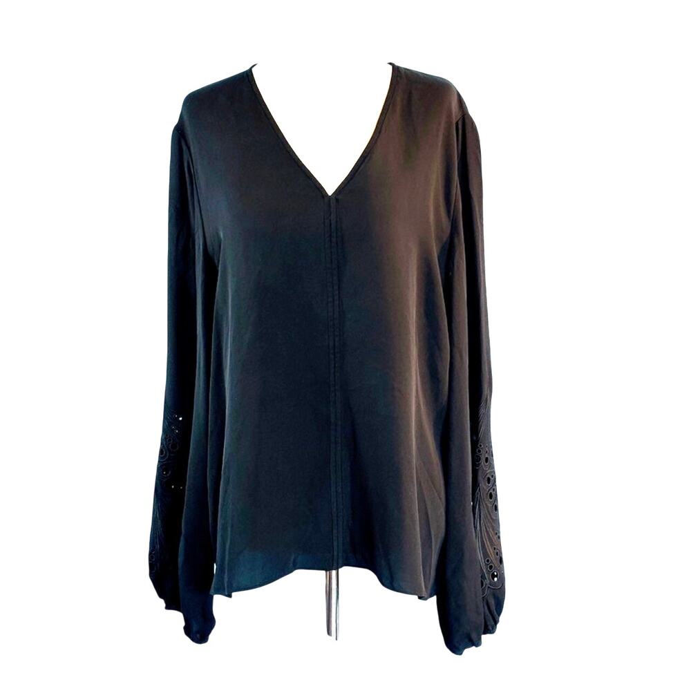 Elie Tahari Black Chiffon Pullover Top Long Sleeve w English Embroidery V-Neck L